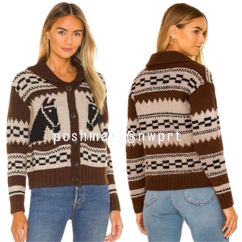 Naked Cashmere ๐ด Ryder Cardigan Intarsia Knit Sweater Horse Pony Brown Black XS - Picture 1 of 13